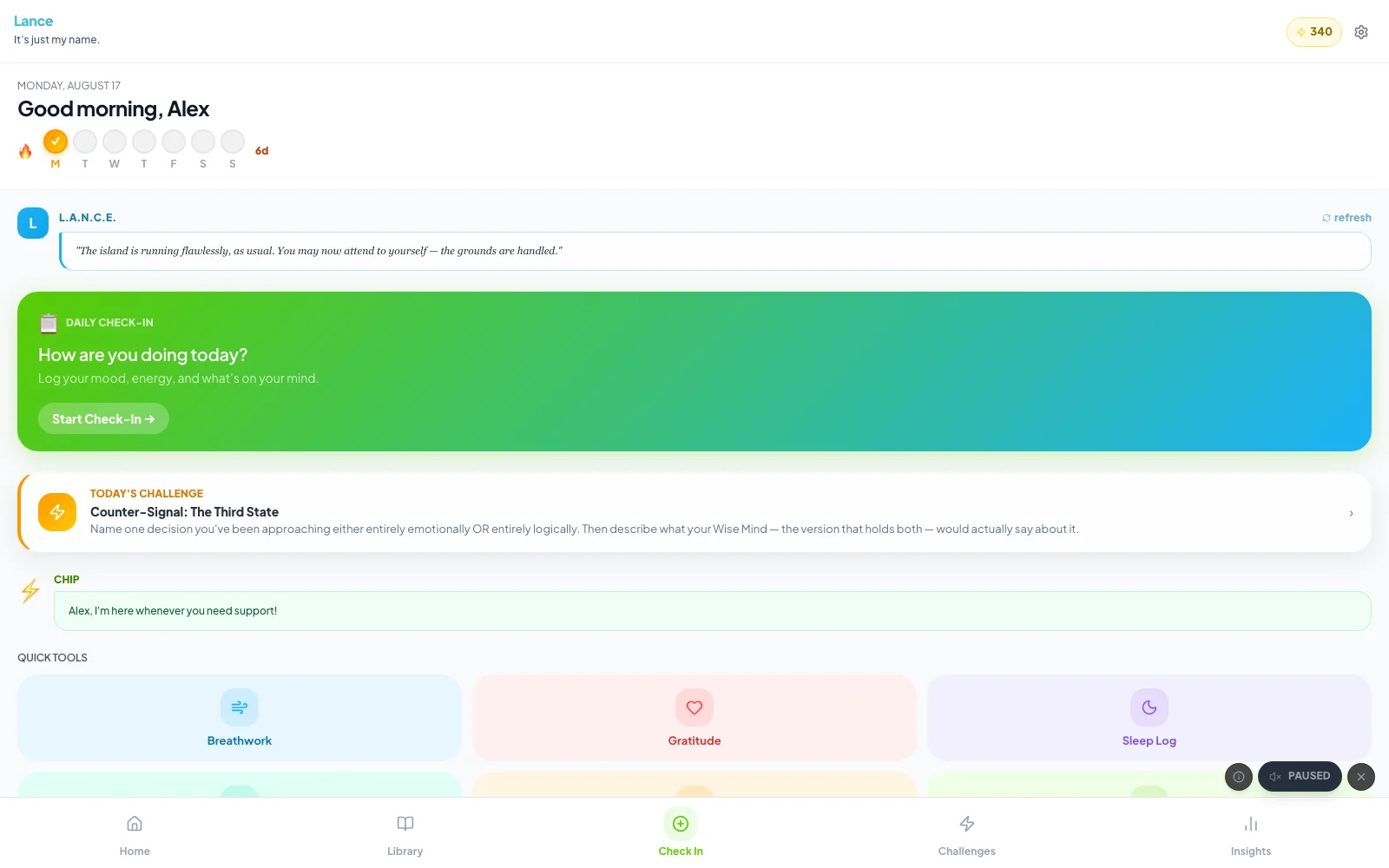 Home overview — daily rhythm, streaks and quick-launch tools