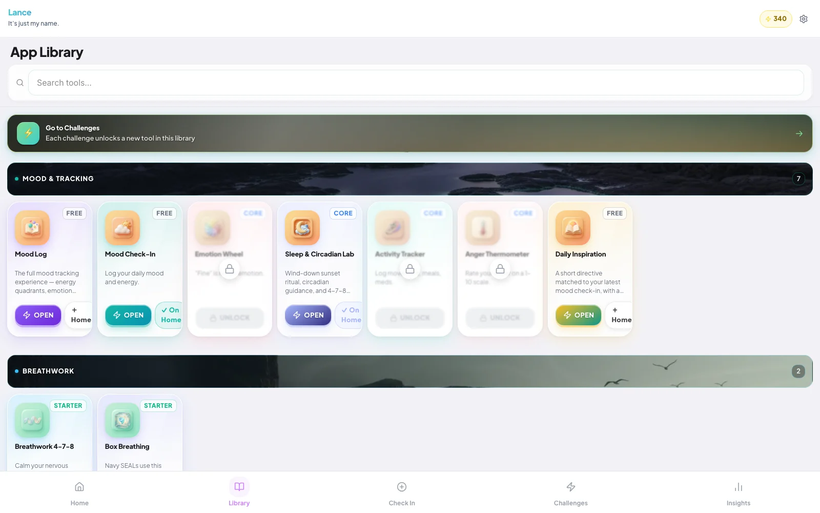 The tool Library — glass cards with 3D icons under scenic category banners